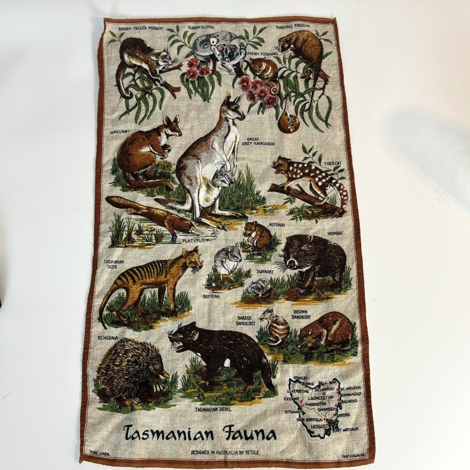 Vintage Tasmanian Fauna Tea Towel Pure Linen Australian Souvenir Poland 80\'s