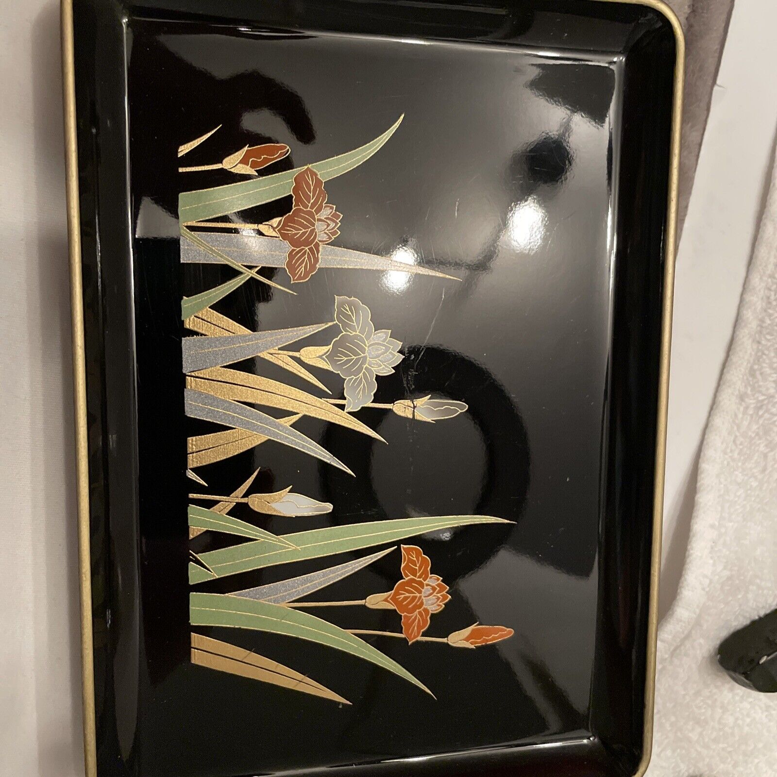 Vintage Lacquered Gold Black Iris Otagiri Japan Tray 8 1/4\
