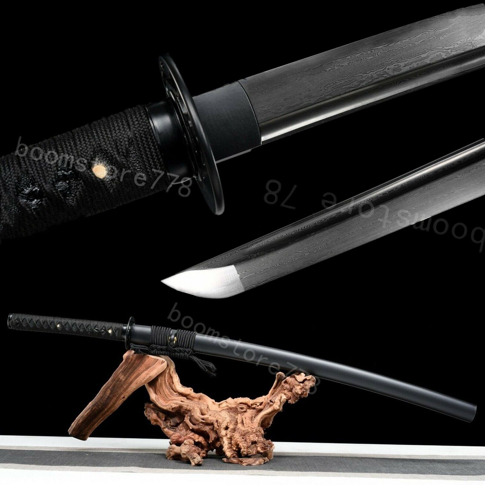 Black Folded Steel Japanese Samurai Sword katana Full Tang Sharp Blade