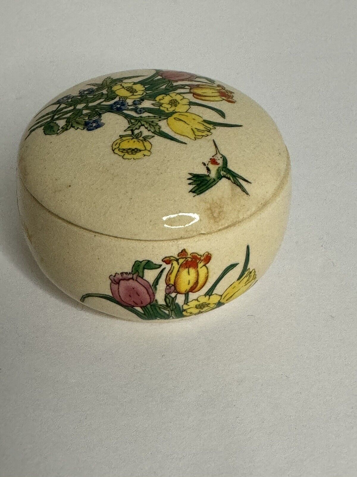 Vintage Porcelain Floral Trinket Box Hummingbird San Francisco Takahashi Japan