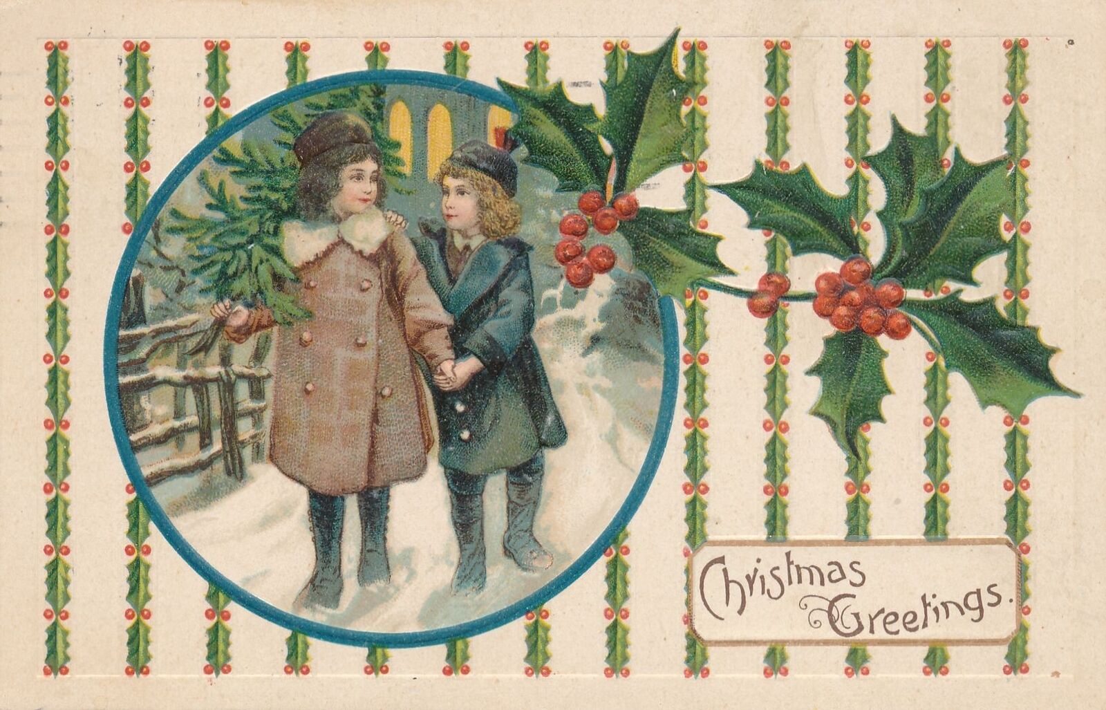 CHRISTMAS - Two Children With Tree Christmas Greetings Postcard
