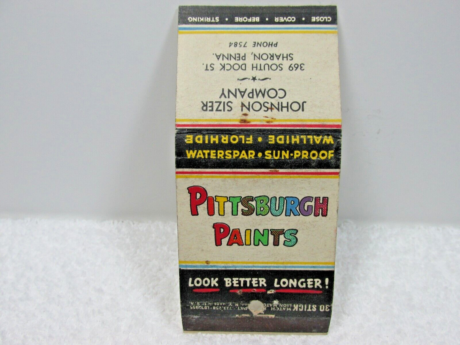 Vintage Pittsburg Paints Sharon PA Advertising Matchbook Cover