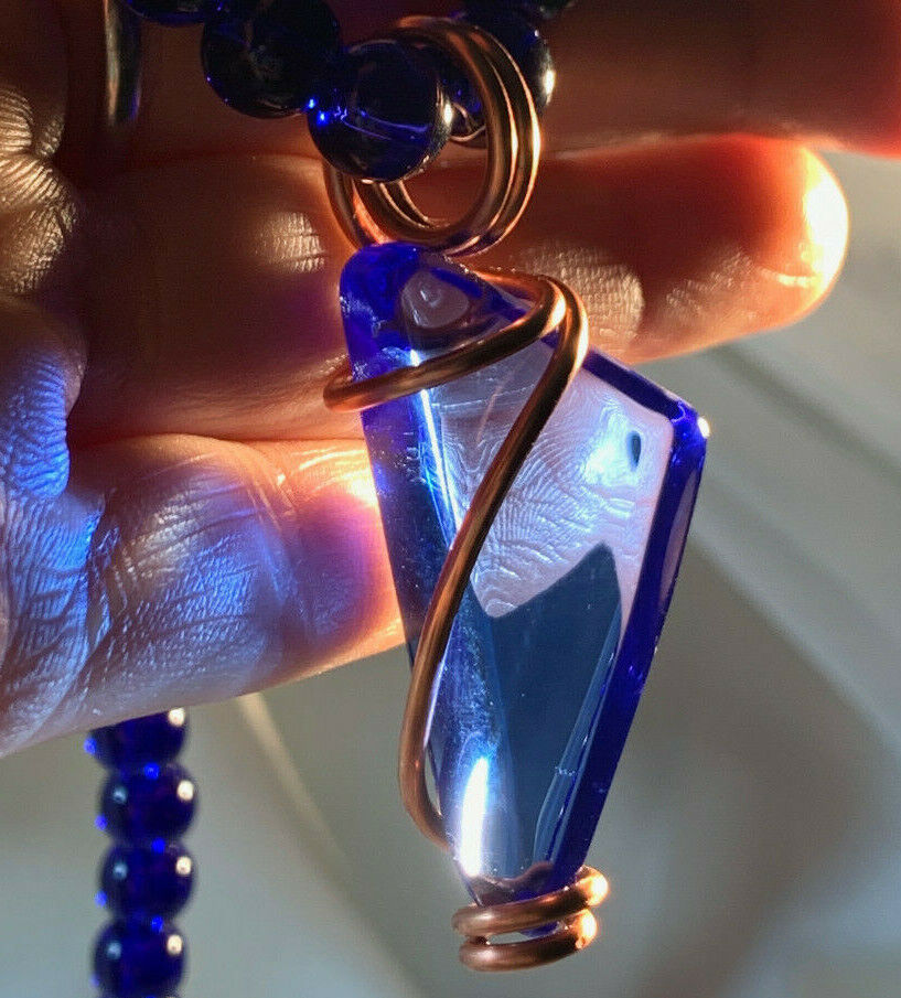 GORGEOUS RARE SIBERIAN BLUE QUARTZ CRYSTAL NECKLACE WITH PENDANT IN COPPER