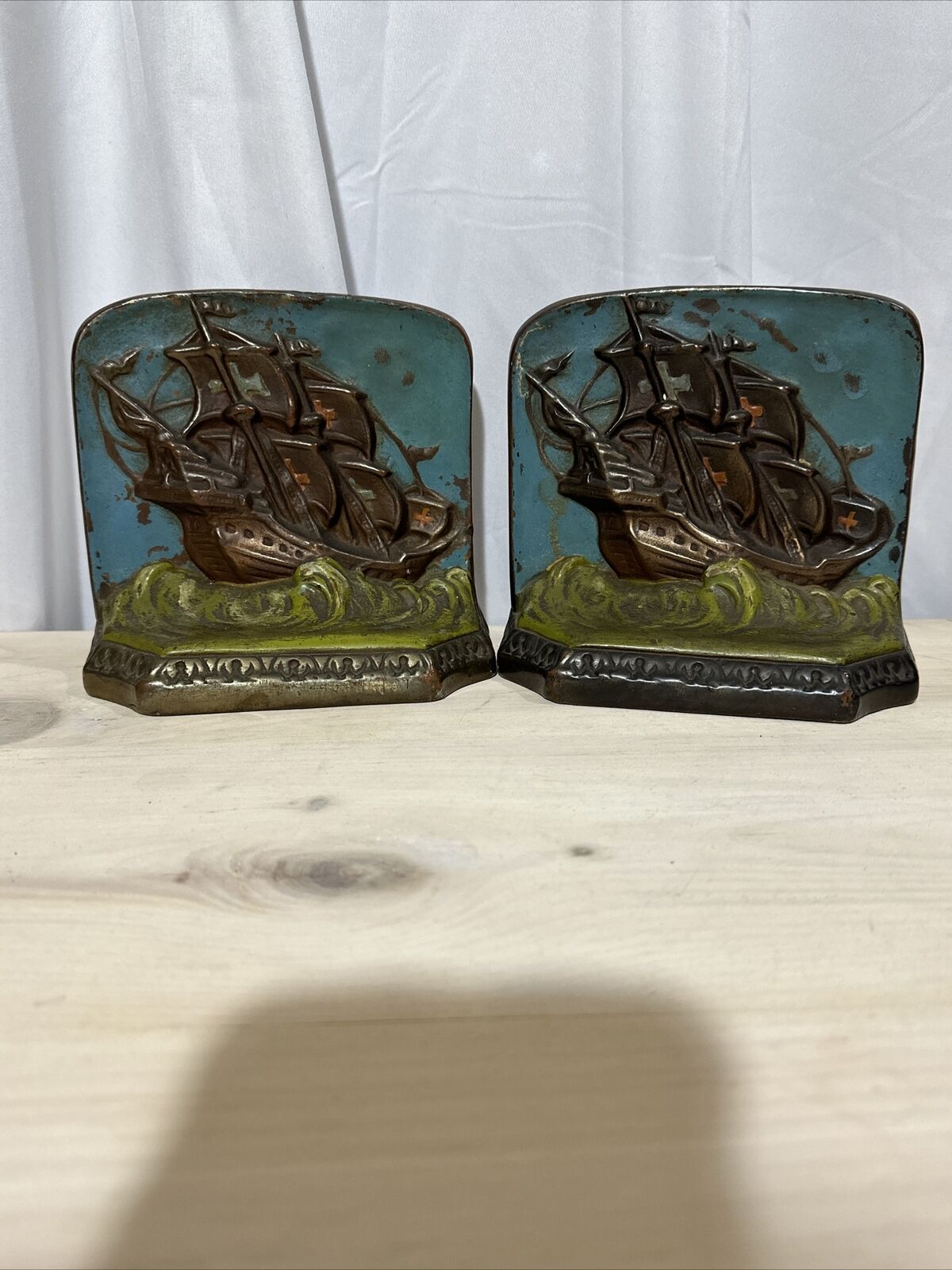 Pair Of Tarrant Bookends Ship In Sea Bronze Signed 5.5”T