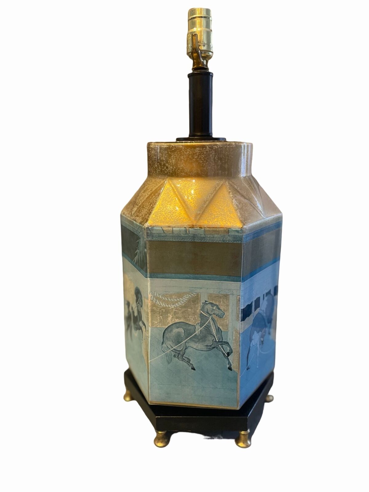Vintage reverse painted hexagon lamp equestrian carousel horse blue and gold