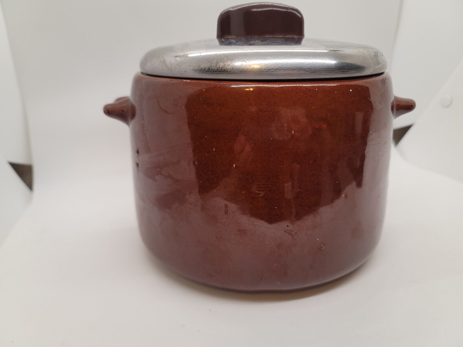 Vintage West Bend Bean Pot Stoneware with Metal Lid Brown Glazed 2 QT 1950s USA