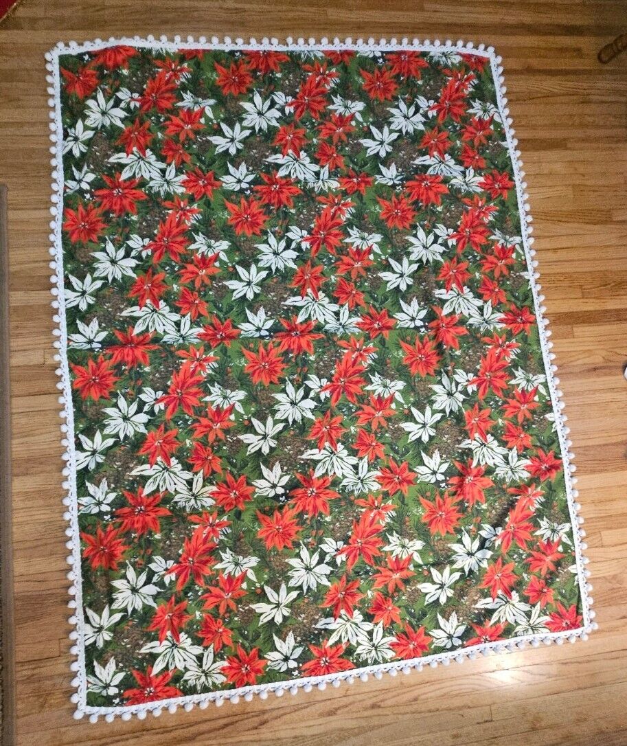 Vintage Large Poinsettia Christmas Tablecloth W/White Pom Pom Fringe 52\