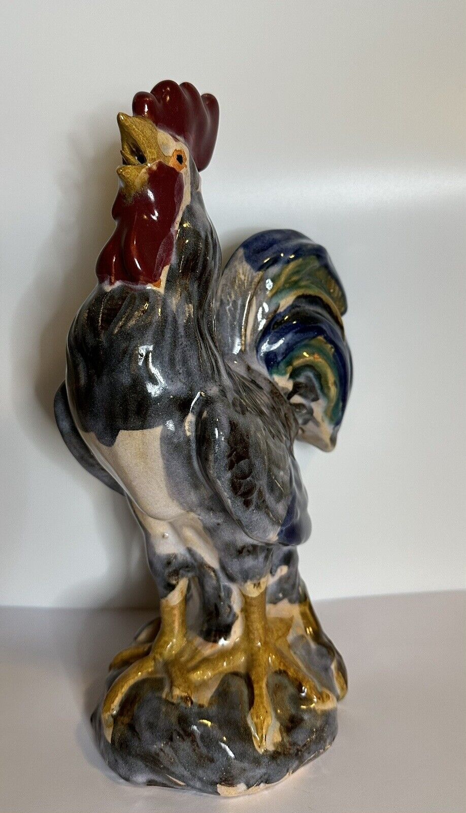 Vintage Majolica Hand-Painted Ceramic Rooster 12in