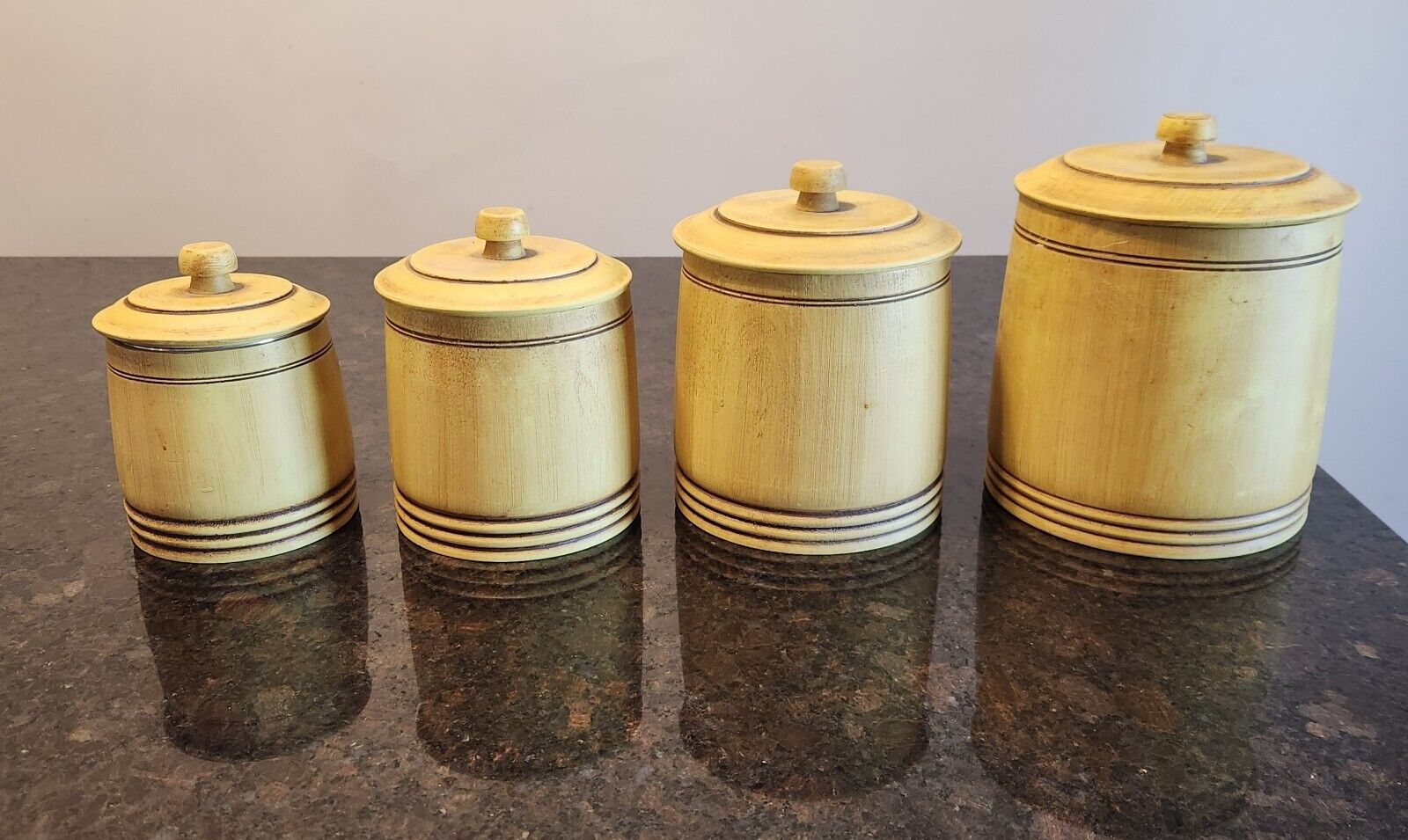 Vintage Mort N Marton Wooden Canisters Mid Century Farmhouse Yellow 
