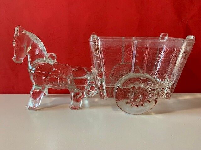 VINT 1950\'s? CLEAR PRESSED GLASS DONKEY/HORSE CART 1 PC PLANTER CANDY DISH NUTS