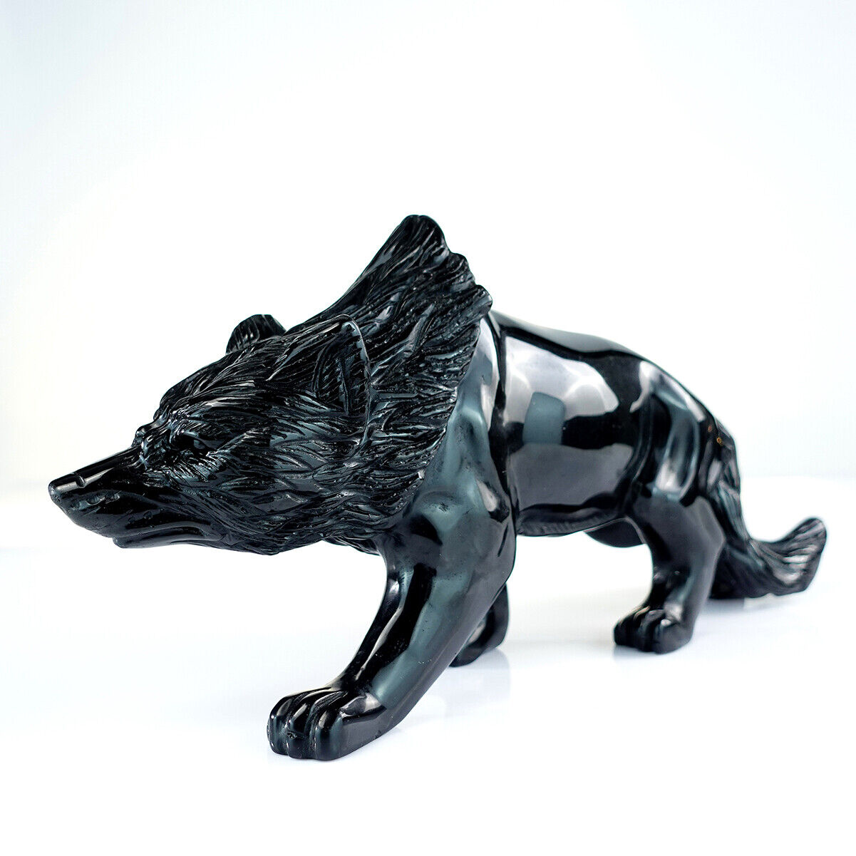 13.2'' Large Realistic Black Obsidian Wolf Carved Crystal Reiki Healing Statue