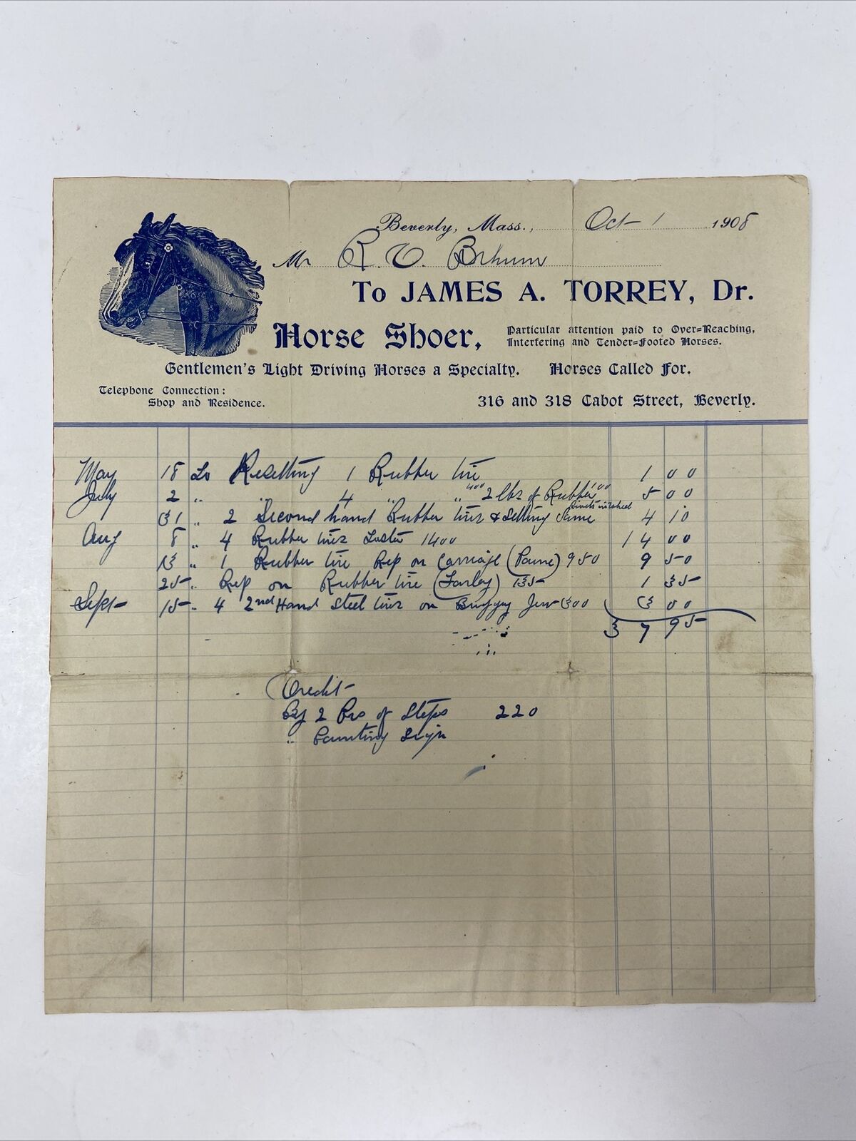 1908 Horse Shoer Billhead Receipt Bill Beverly MA Massachusettes James Torrey