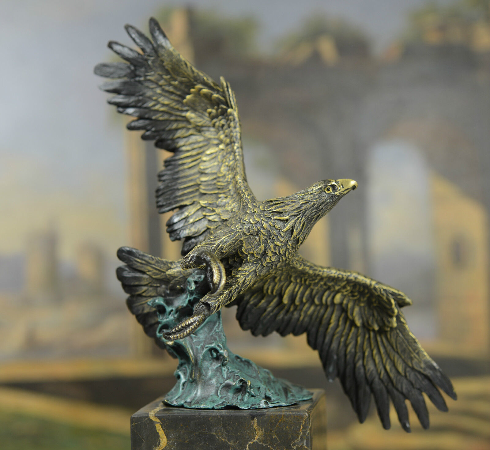 Signed: Milo. Flying Eagle Hawk Bird Eagle Spread wing Fighting Bronze Sculpture
