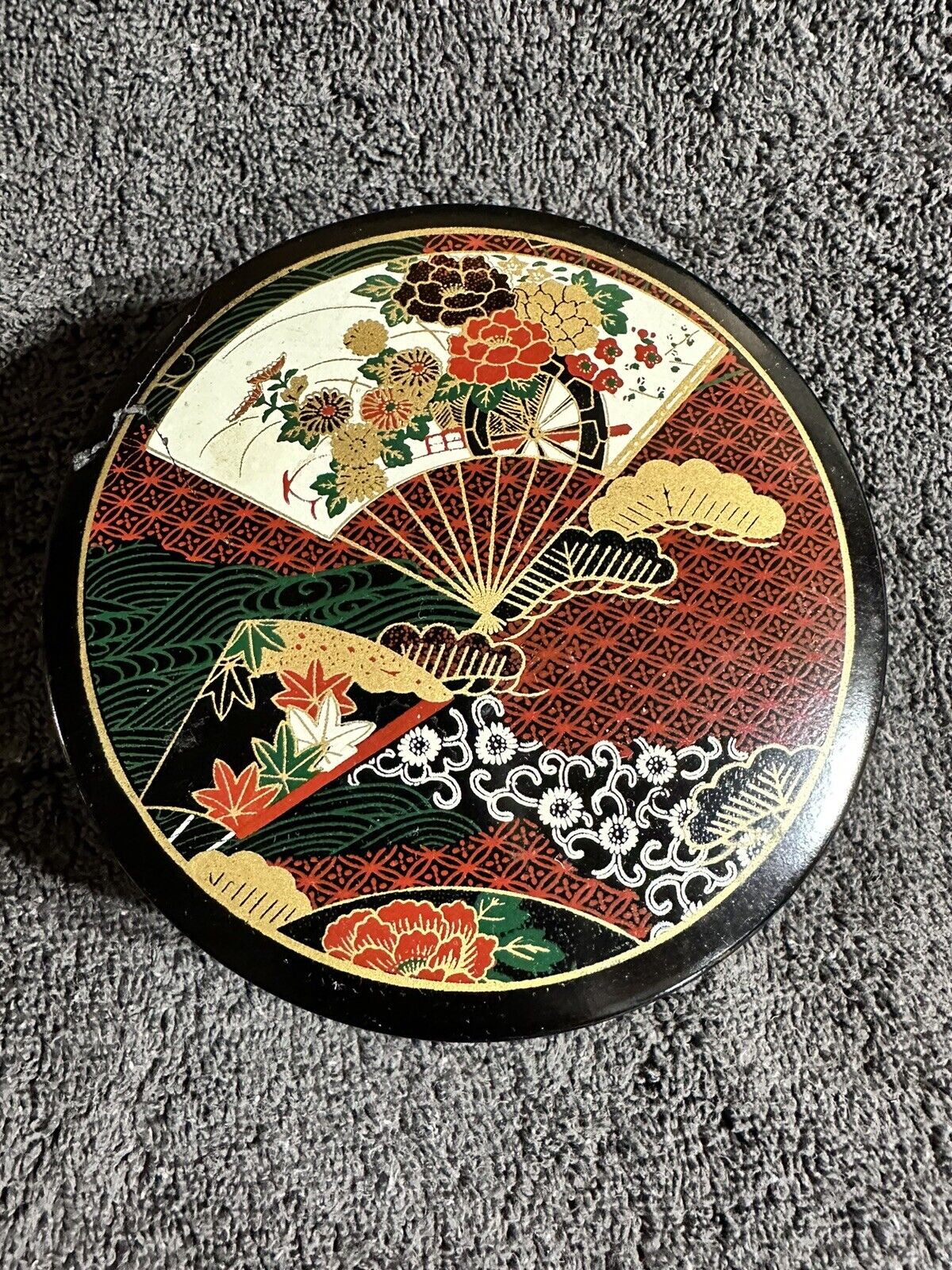 Vintage Black Asian Fan OTAGIRI Coasters Plastic 5 + Storage Round Made In JAPAN