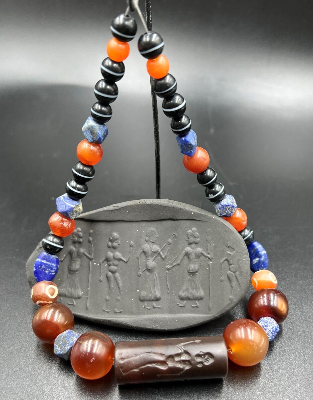 Vintage Antique Style Intaglio Stamp A Long With Agate And Lapis Beads Necklace