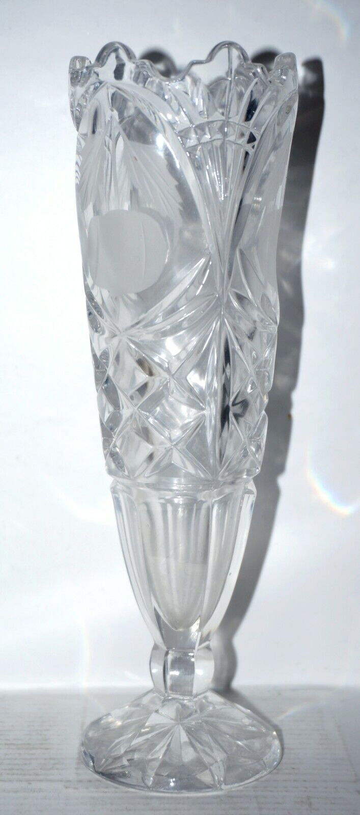 Great cut glass crystal trumpet vase clear 7.5 inches tall Etched