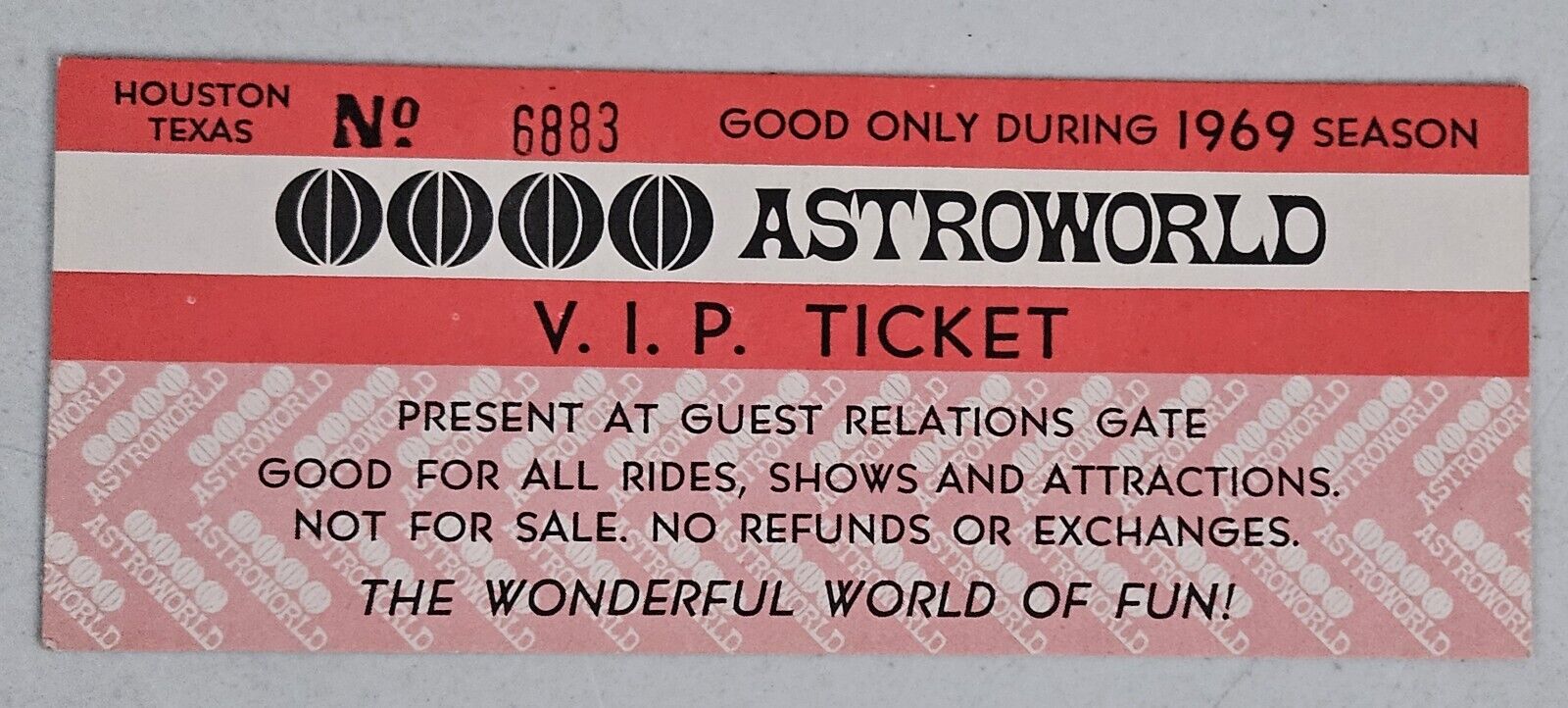 Rare Astroworld 1969 VIP Ticket Houston Amusement Park Roy Hofheinz Signature