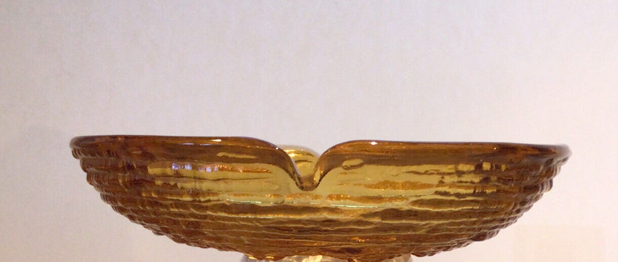 Vintage Heavy Amber Glass Ashtray MCM  Straw Textured Thick 6.5”