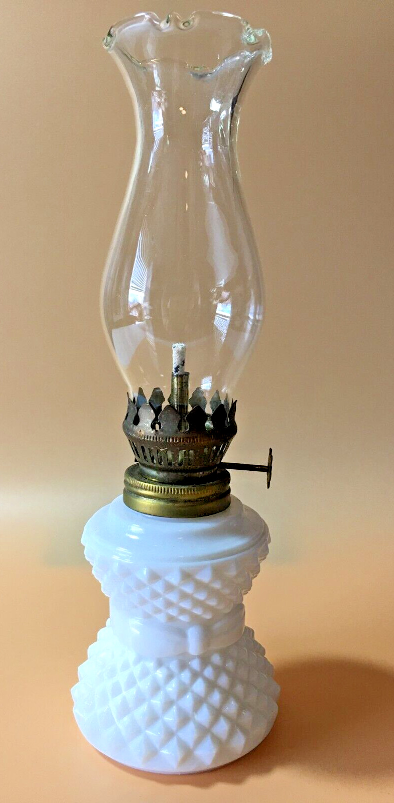 Vtg. Milk Glass Sawtooth & Ribbon Mini Oil Lamp Clear Ruffled Chimney 8 1/2\