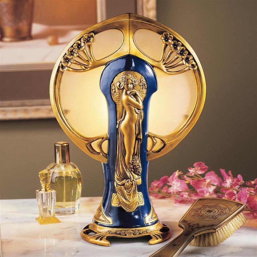 Art Nouveau Woman Lighted Sculpture French Parisian Boudoir Lamp Blue/Gold
