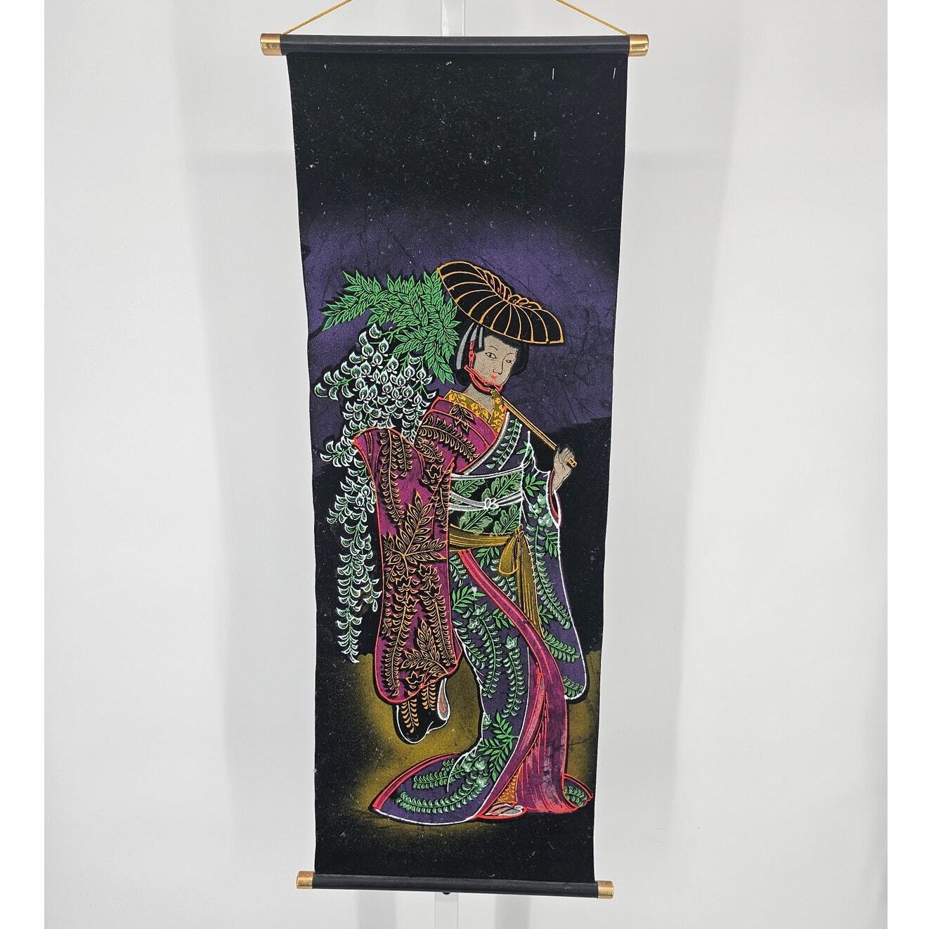 Vintage 1960s Japanese Geisha Wall Hanging Tapestry Velvet Hand Painted Scroll