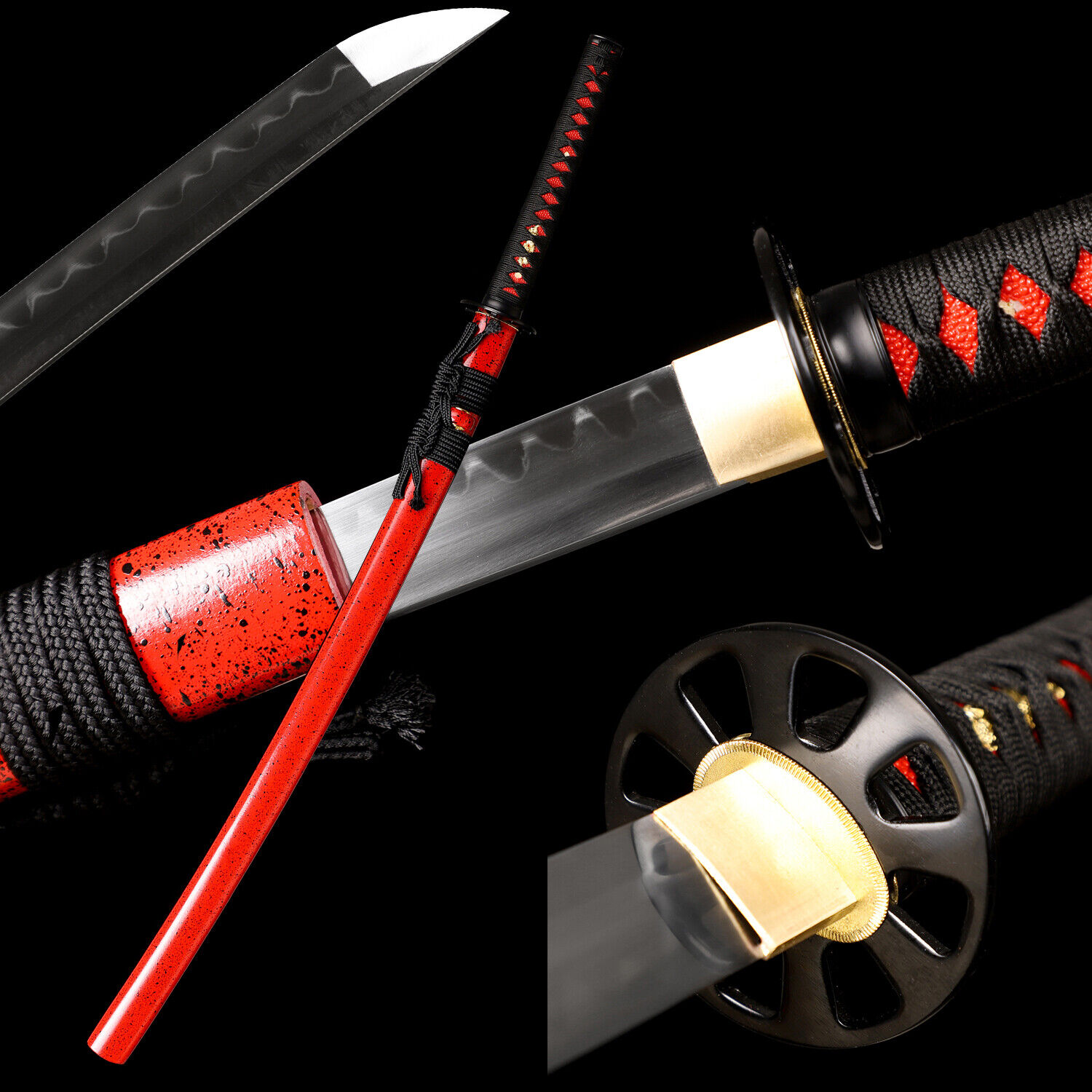 Katana Samurai Sword Clay Tempered T10 Steel Real Hamon Razor Sharp Red Saya