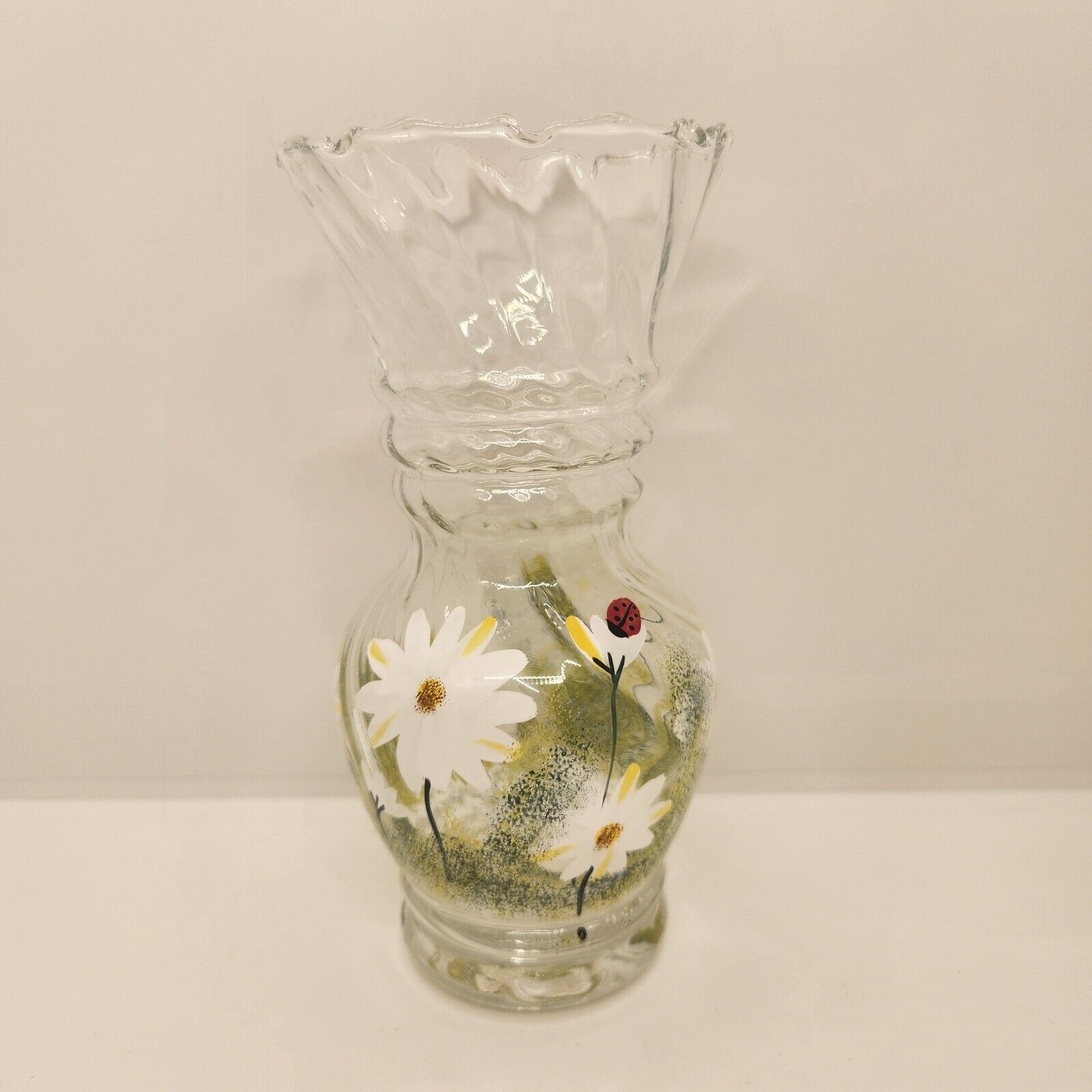 Handpainted Glass Vase Daisies and Ladybugs 7\