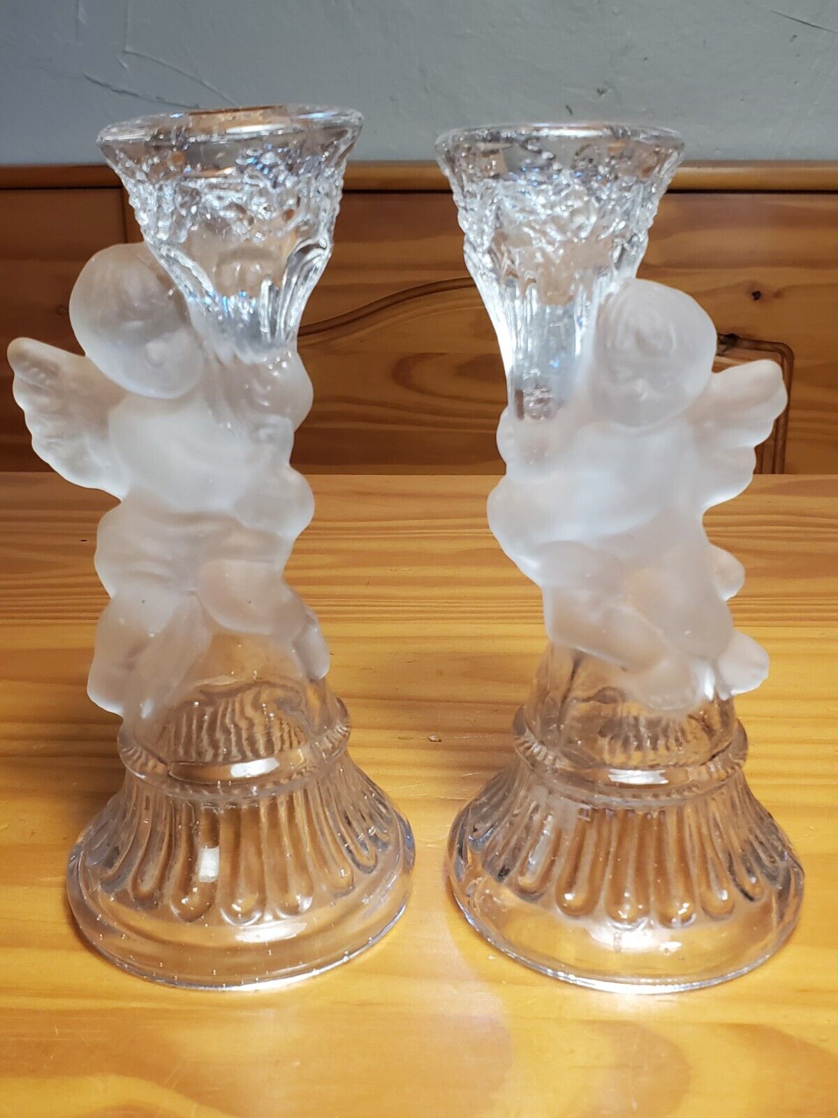 Vintage frosted Glass Cherub Candleholders Angels  Set Of 2 6.5\