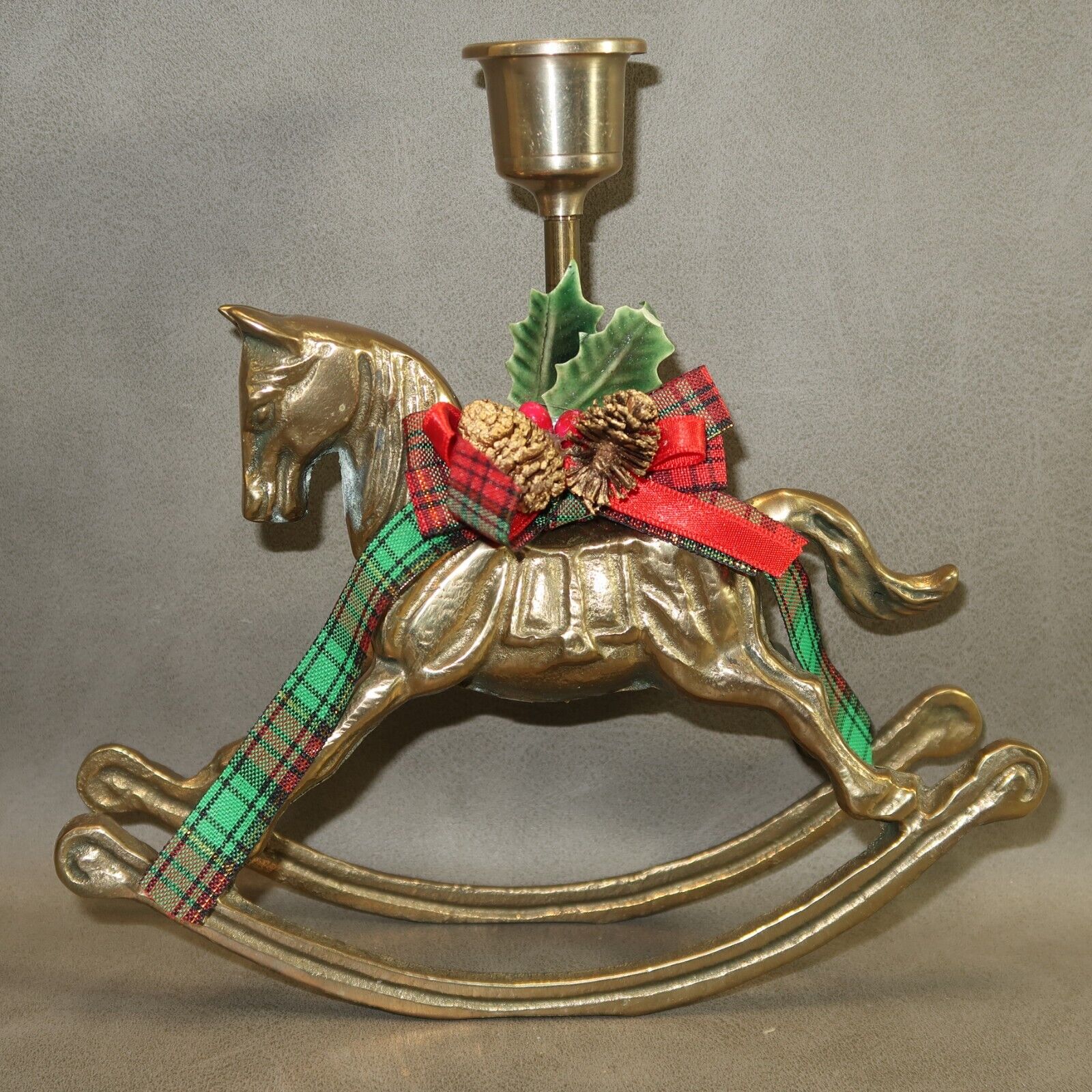 VTG Brass Rocking Horse Taper Candle Holder Holiday Christmas Sculpture 6.75\