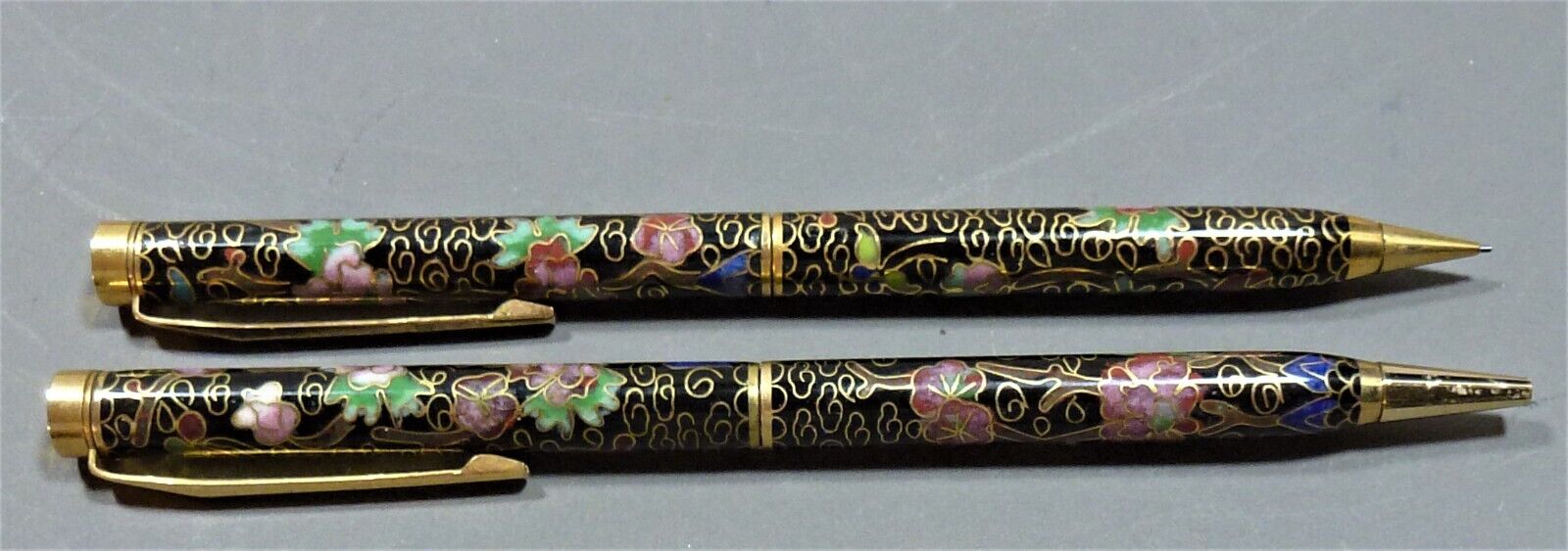 Vintage Cloisonné Colorful Floral Enameled Ballpoint Pen & Pencil Set, Very Nice