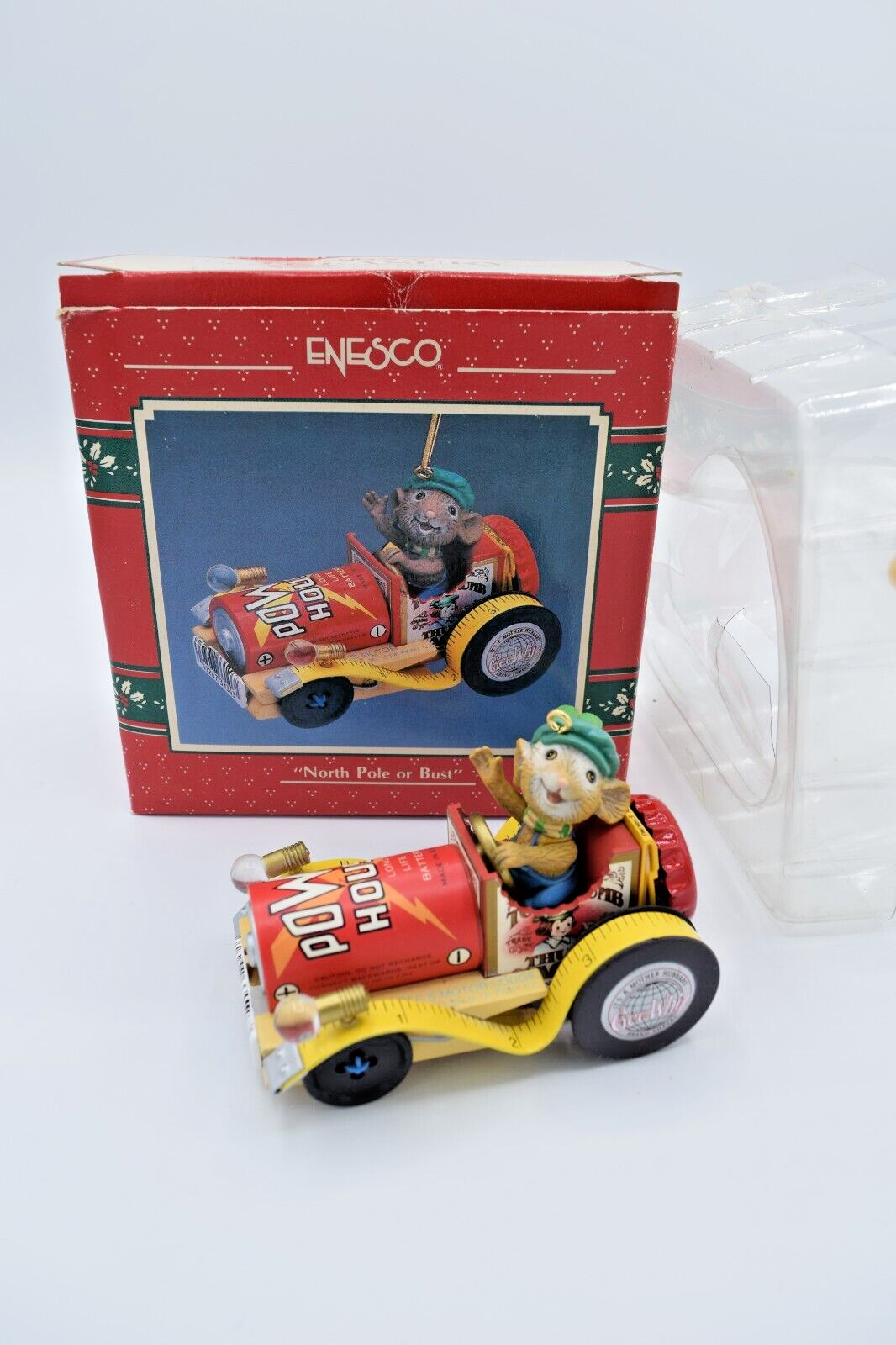 ENESCO NORTH POLE OR BUST 1990 Treasury of Christmas Ornament Mouse Race Car T7