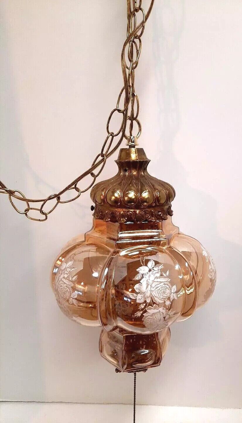 VTG Iridescent Amber Glass Hanging Swag Lamp w/Diffuser White Rose Bubble Globe