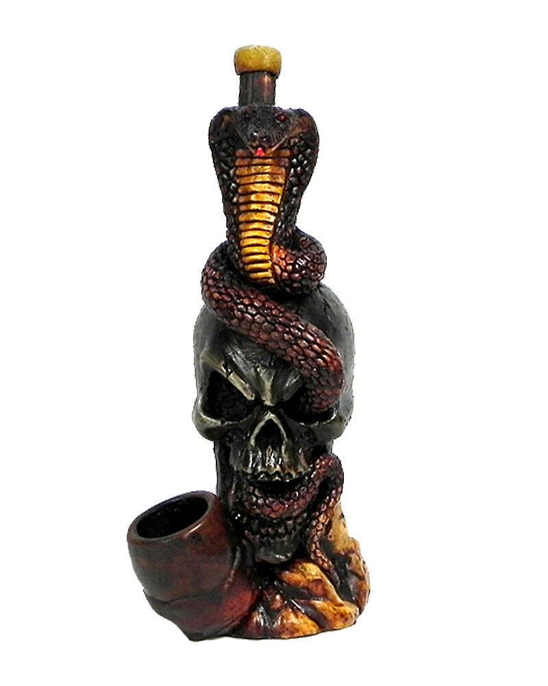 Black Skull with King Cobra Snake Handmade Tobacco Smoking Hand Pipe Death Goth