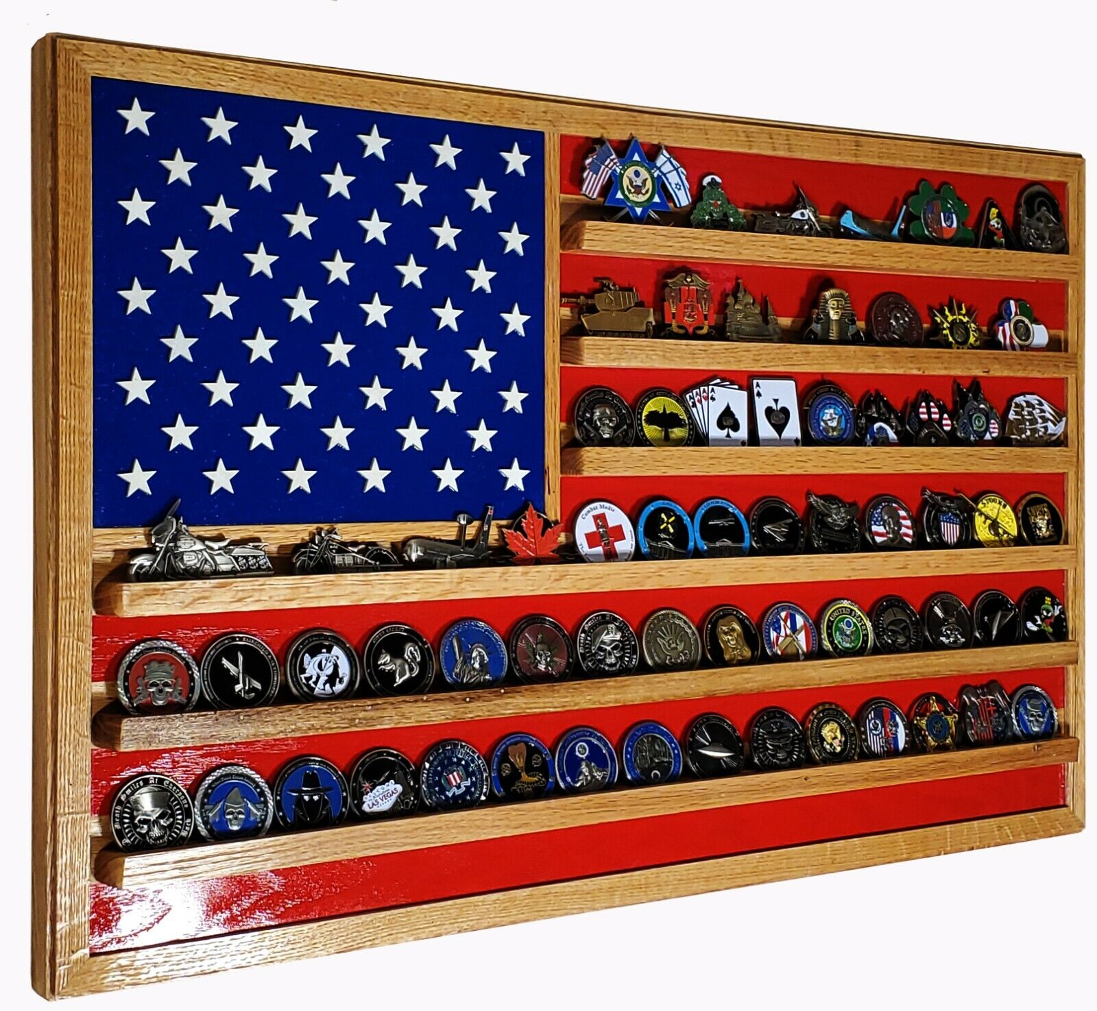 American Flag Challege Coin Display Made from Oak and Birch Hardwood 70-100 Coin