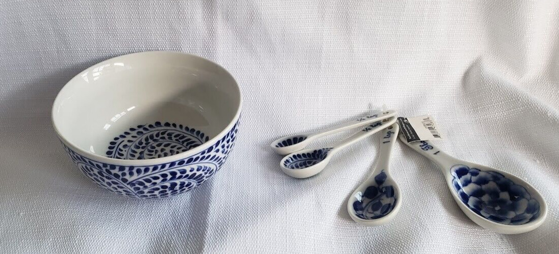 Ten Thousand Villages Blue White Floral Bowl and Measuring Spoon Set