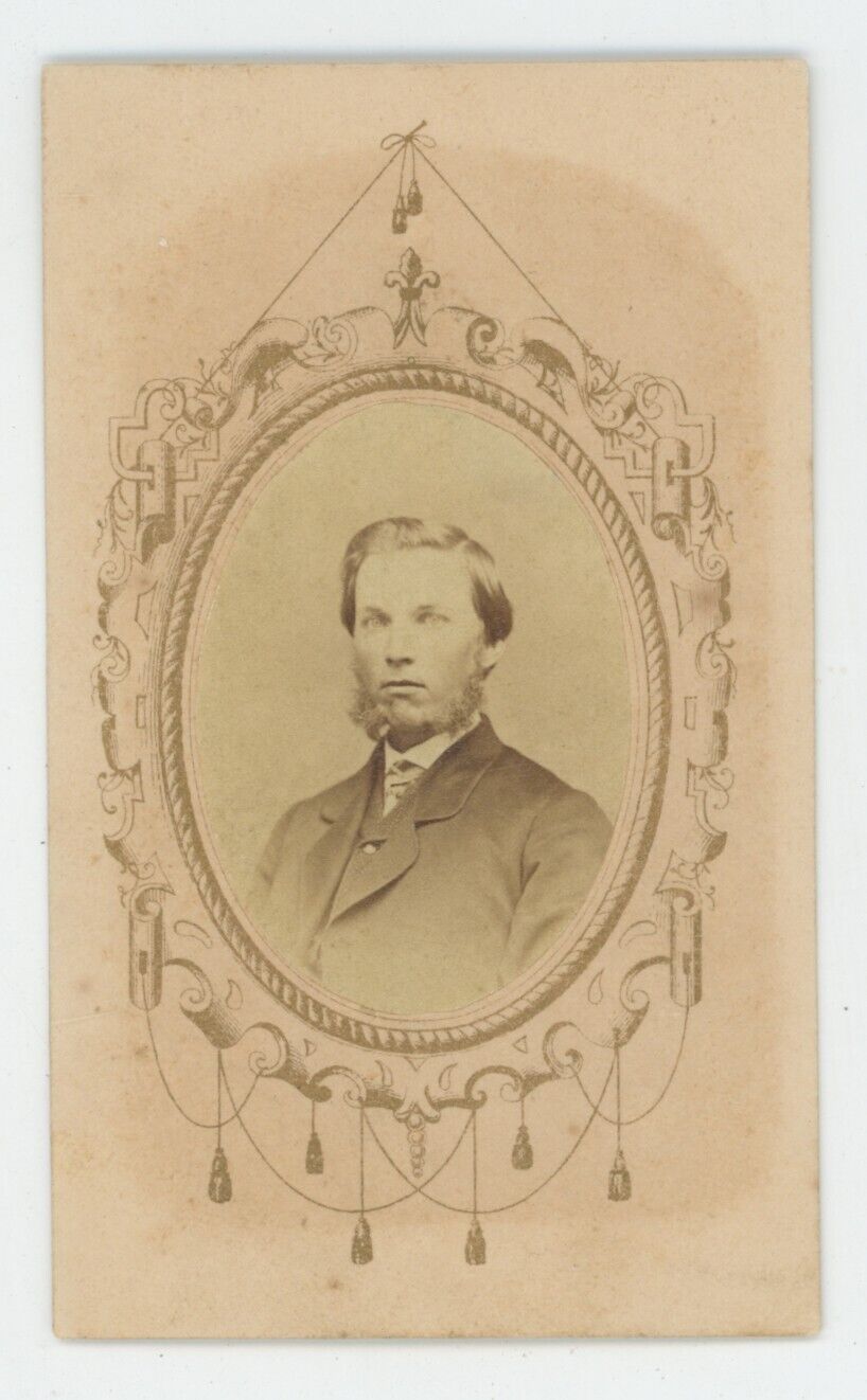 Antique Cartouche CDV Circa 1860s Handsome Man With Beard in Ornate Frame