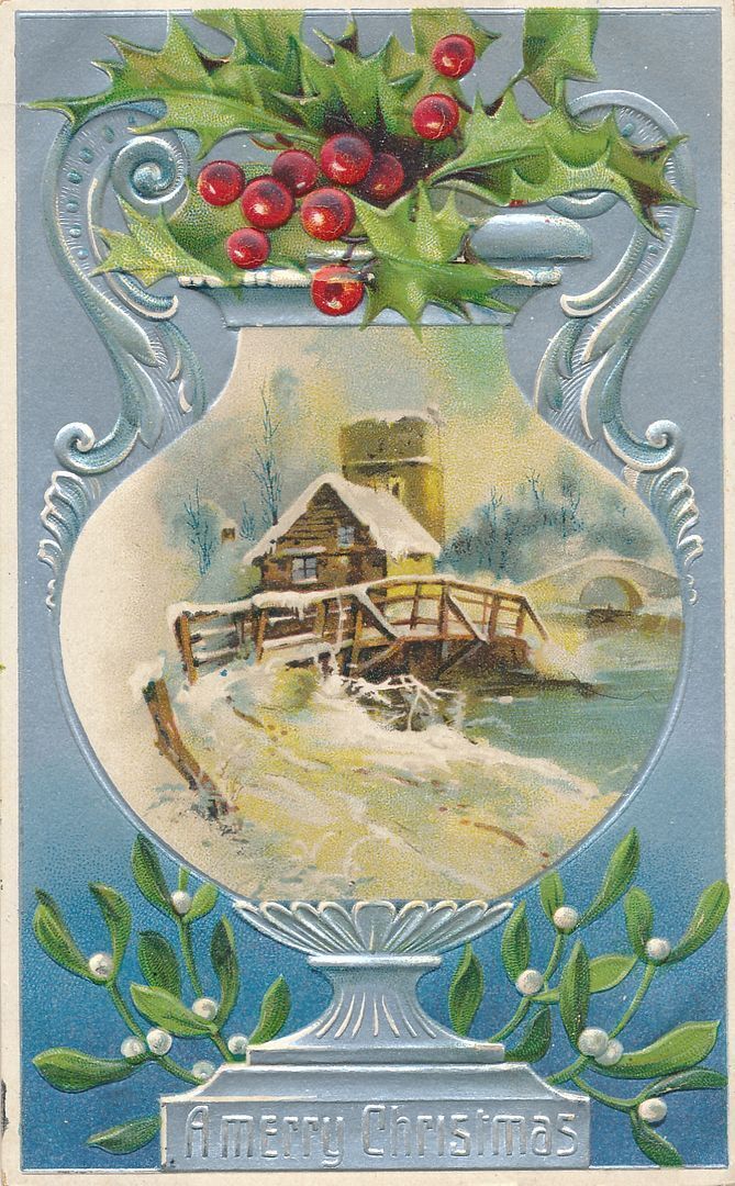 CHRISTMAS - Snow Covered Bridge Scene On Urn Merry Christmas Postcard - 1908