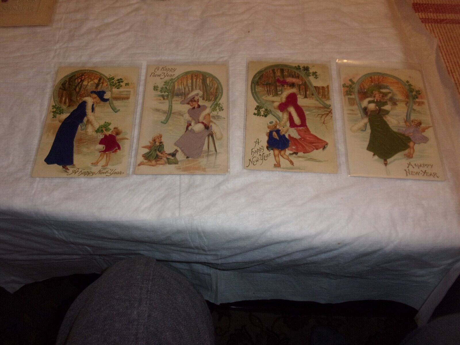 4 Antique Postcards, Ladies and Children with Silk Clothes