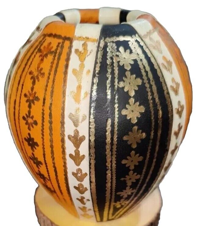 Faux Leather Wrapped Vase Brown Orange Cream Gold Hand painted Designs Desk 
