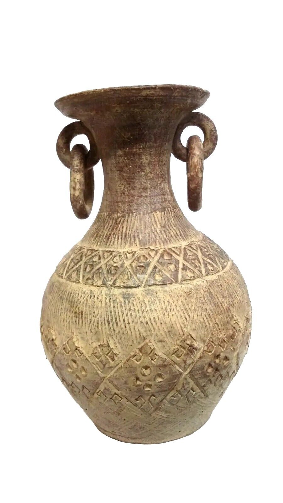 LATIN AMERICAN  Tribal Red Clay Vase with Ring Handles Mid 20th Century