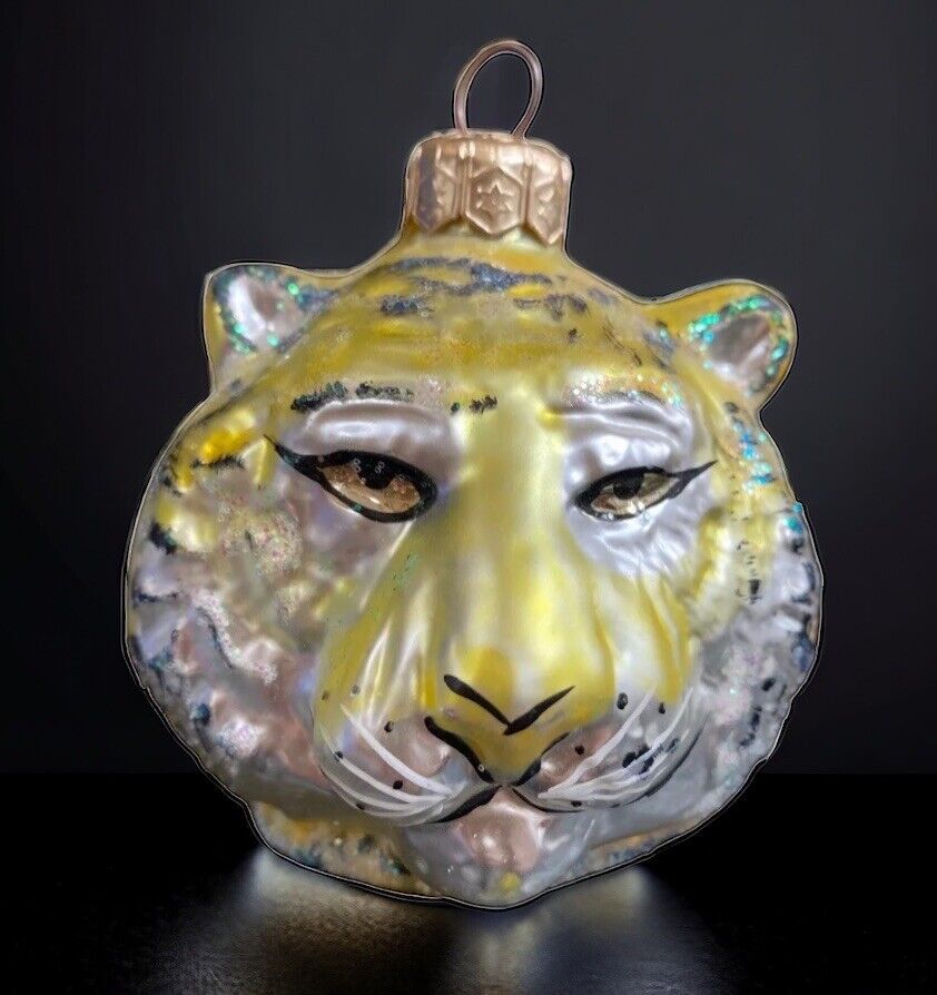 Vtg Christopher Radko Tiger Head Ornament 1991 Glitter Christmas Blown Glass