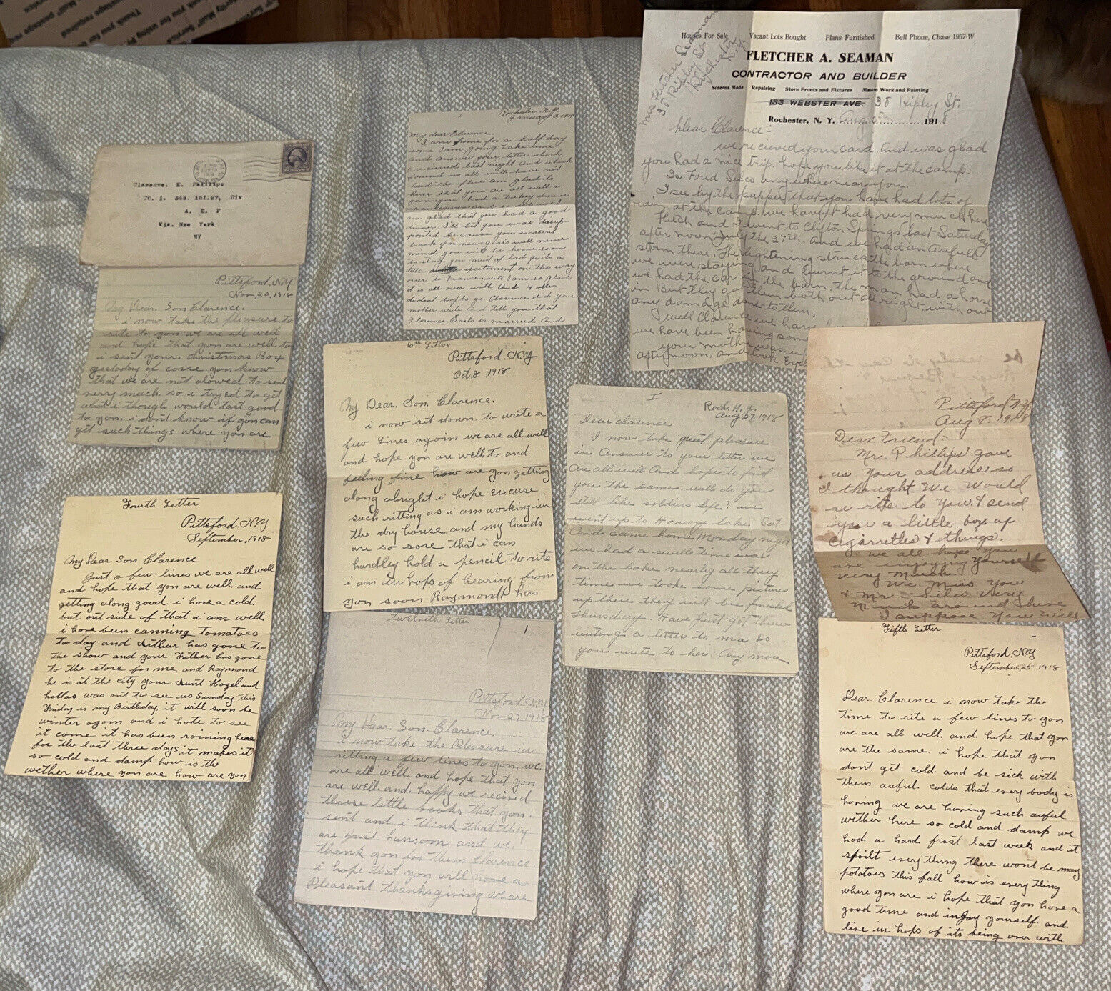 9 WWI Letters to Co I 348th Infantry AEF 87th Division - Rochester NY Postmark