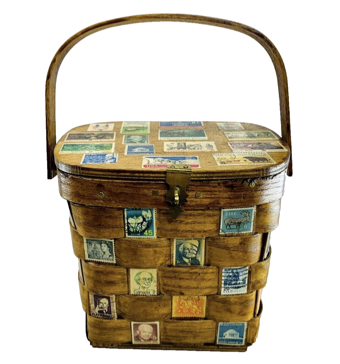 Vintage Wood Basket Purse Stamp Collage Decoupage Hinged Lid Market Wicker