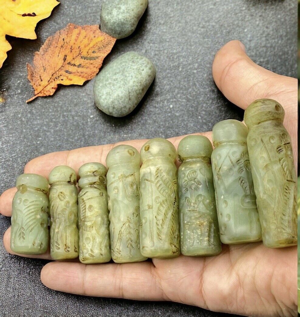 Lot Of 8 Pcs  Old Near eastern Jade Stone Cylinder Intaglio Seal Beads Amulets