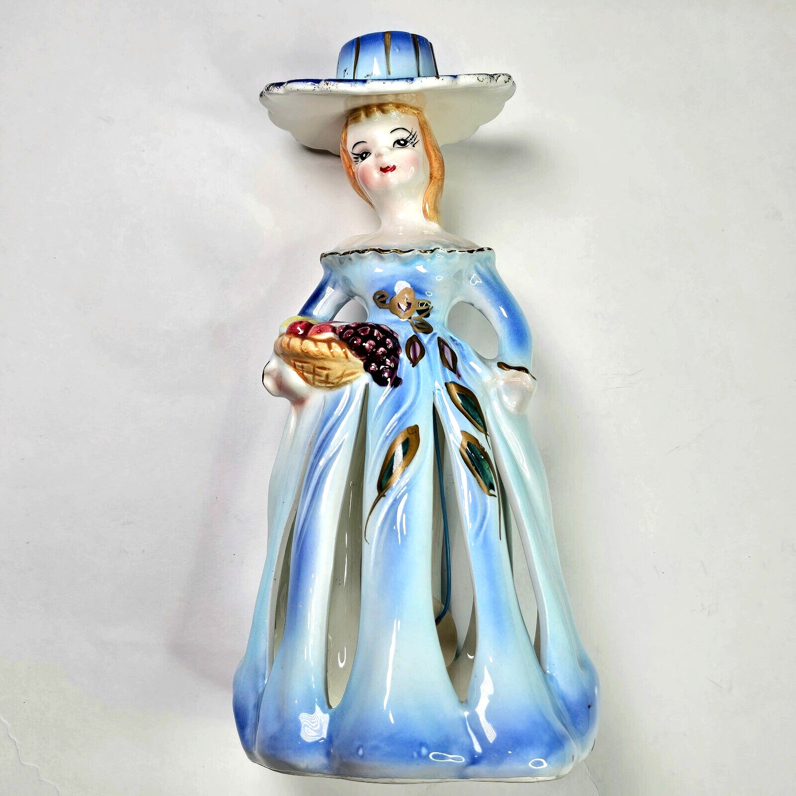 Antique Blue Southern Bell Holding Fruit Bowl Napkin Doll Candle Holder Lipper &