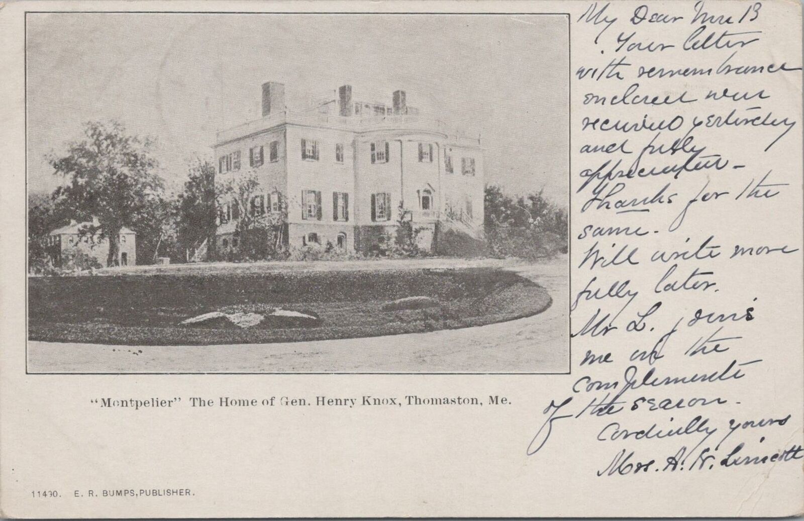 Postcard Montpelier Home Gen Henry Knox Thomaston ME 