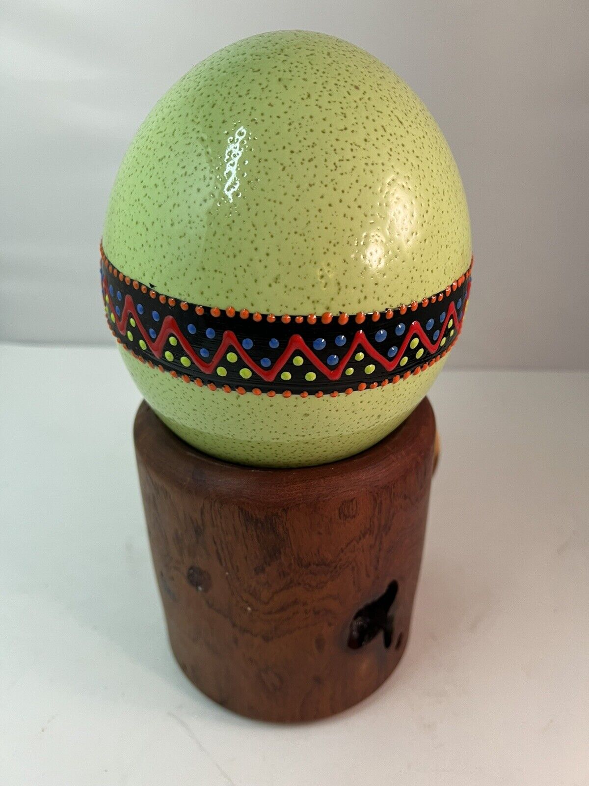 Hand Painted Ostrich Egg On Wooden Stand Lime Green W/ Pattern 6”