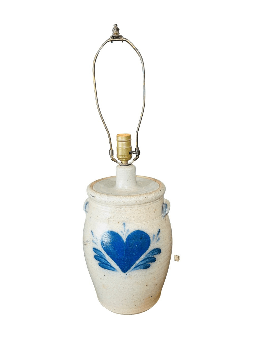 Vintage Rowe Pottery Works Stamped Blue Heart Crock Hand Thrown Salt Glaze Lamp