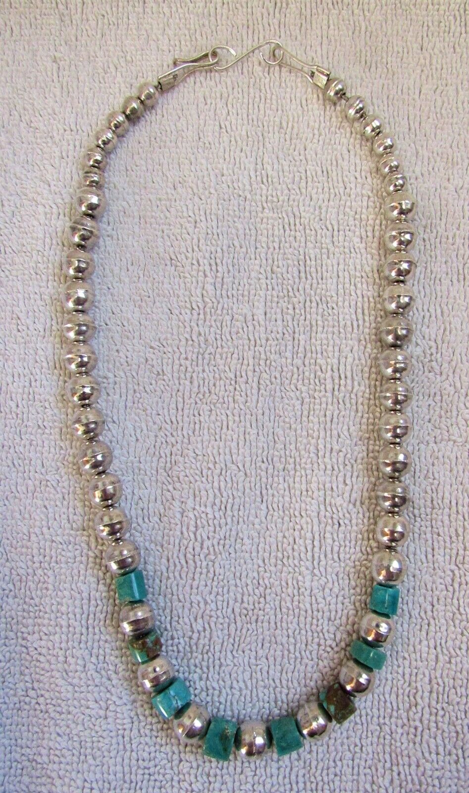 Navajo Indian Sterling Silver Bench Beads Turquoise Stone Heishi Beads Necklace
