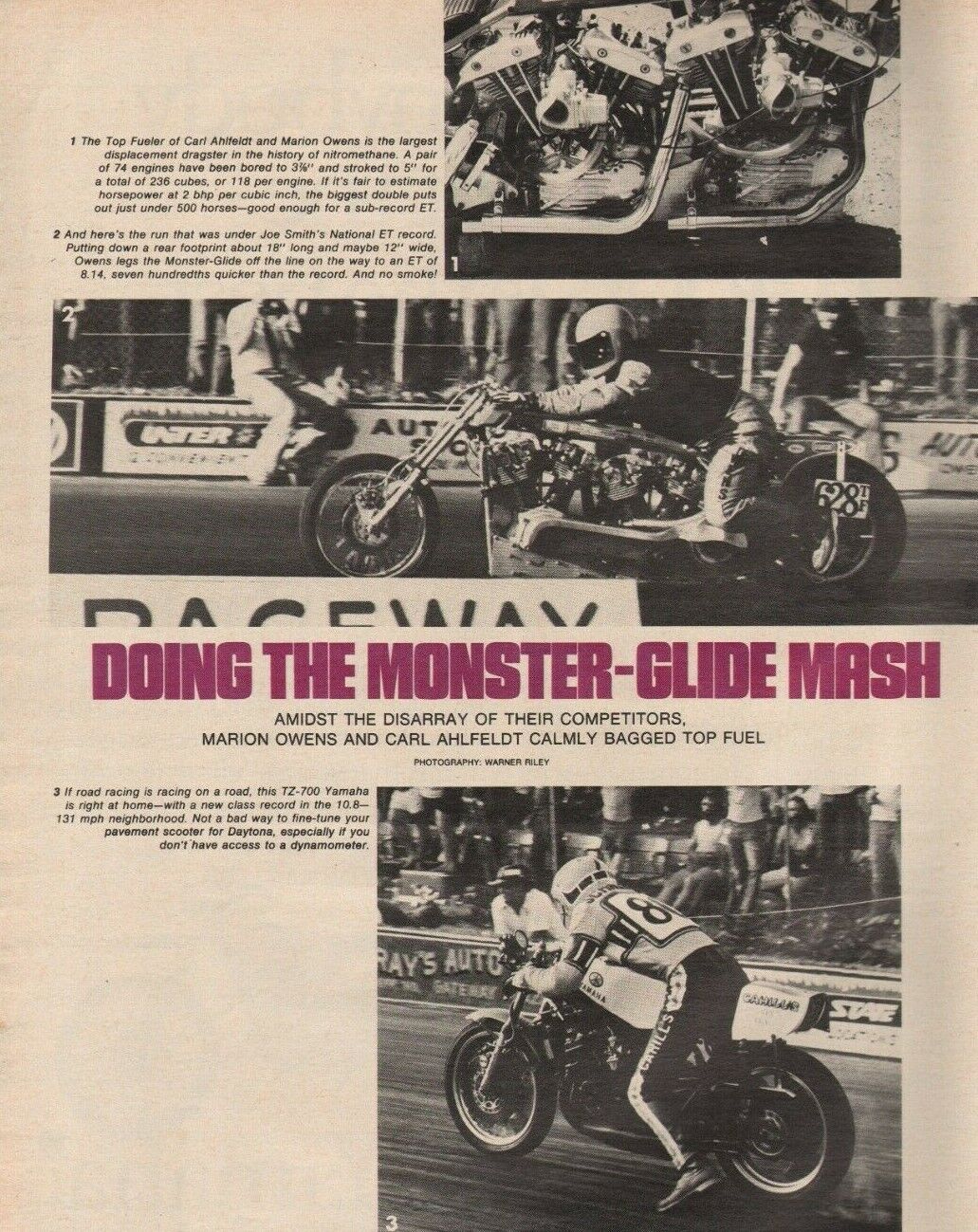 1975 Top Fuel / Motorcycle Drag Racing - Vintage 2-Page Article